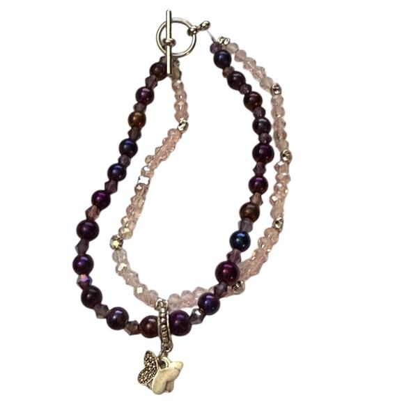 Handmade Butterfly Double Strand Pink Toggle Bracelet - Picture 3 of 5
